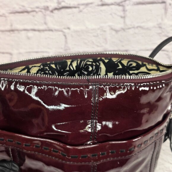 Brighton Women Tassel Shoulder Handbag Burgundy Black Cherry Patent Leather Zip - Picture 7 of 13